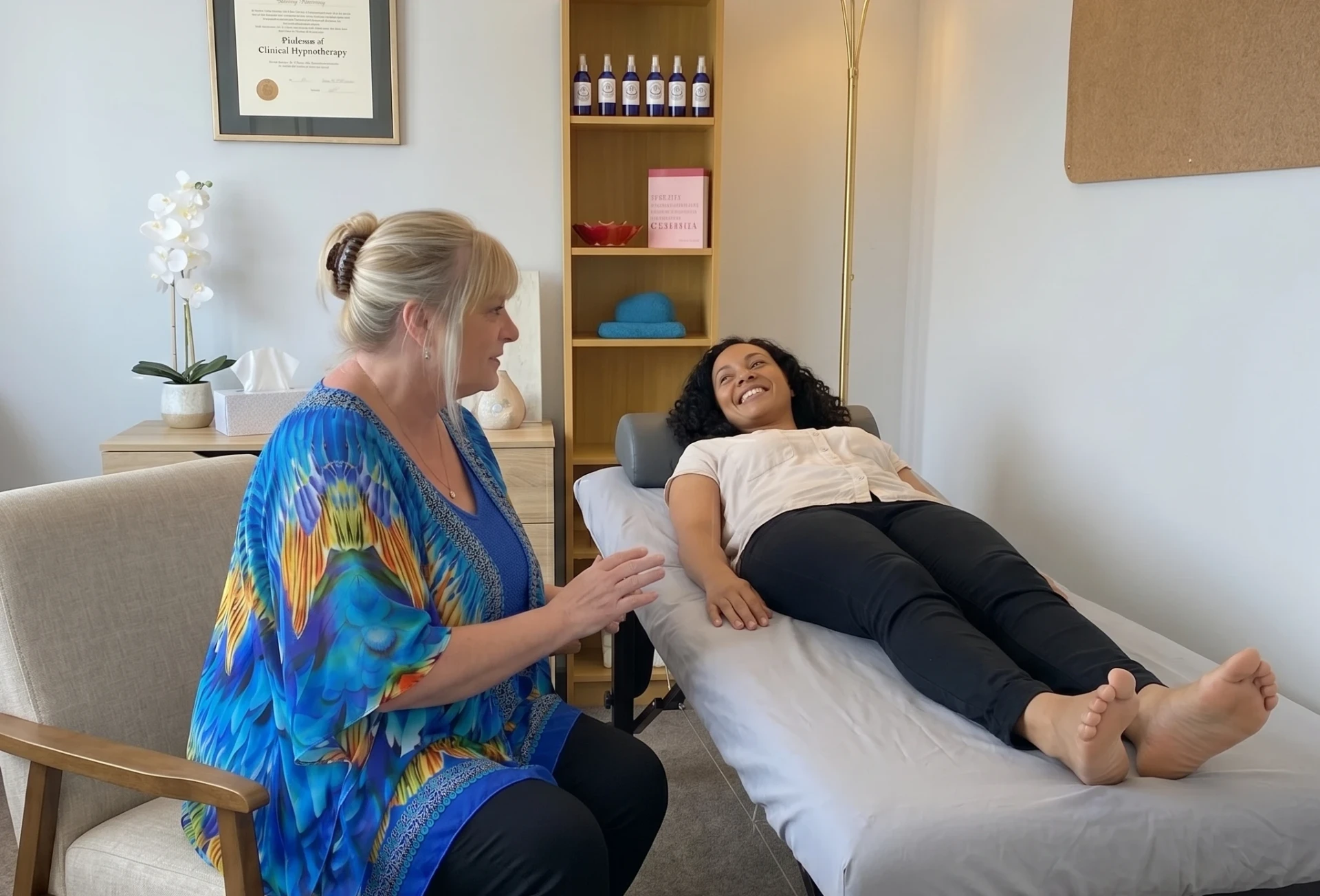Sheryl Murray in a warm clinical hypnotherapy session with a client in her New Plymouth clinic